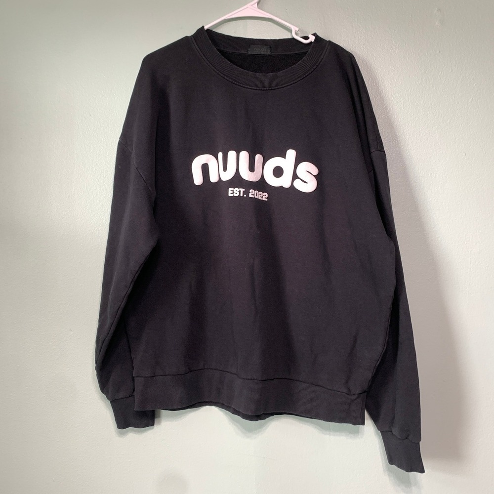 Nuuds Womens XL Sweatshirt Crewneck Est 2022 Black Oversized Puff Print Fleece